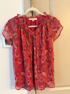 LOFT Fuchsia Paisley Short-Sleeve Peasant Blouse